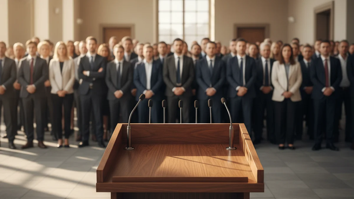 Imagen genérica de un acto institucional con micrófonos en un podio y público de fondo.