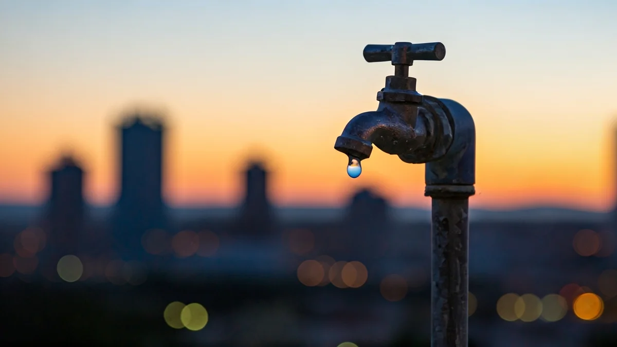 Imagen genérica de un grifo con una gota de agua cayendo, con un fondo urbano difuminado.