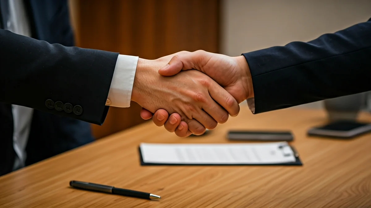 Imagen genérica de dos manos estrechándose sobre un escritorio, simbolizando un relevo en la dirección de una empresa.
