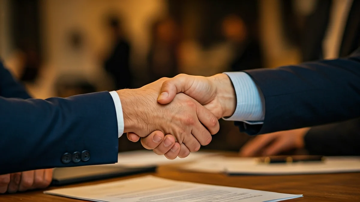 Imagen genérica de dos manos estrechándose en un entorno de oficina, simbolizando un acuerdo o nombramiento corporativo.