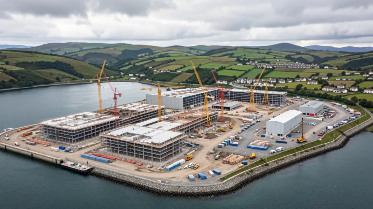 Vista aérea de un complejo industrial en construcción cerca de un puerto en Galicia.