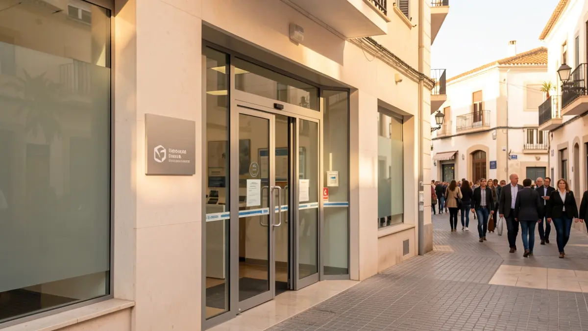 Imagen genérica de la fachada de una oficina bancaria moderna en Canarias.
