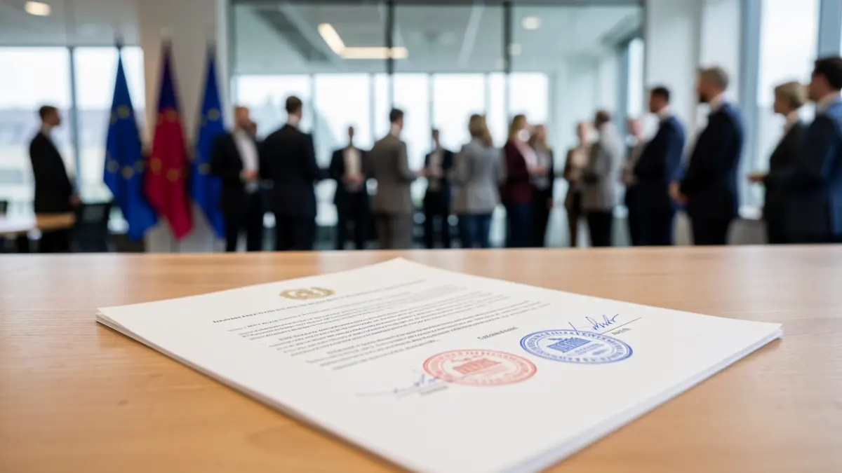 Imagen de un documento oficial con sello y timbres sobre una mesa de escritorio, con detalles de la Unión Europea al fondo.