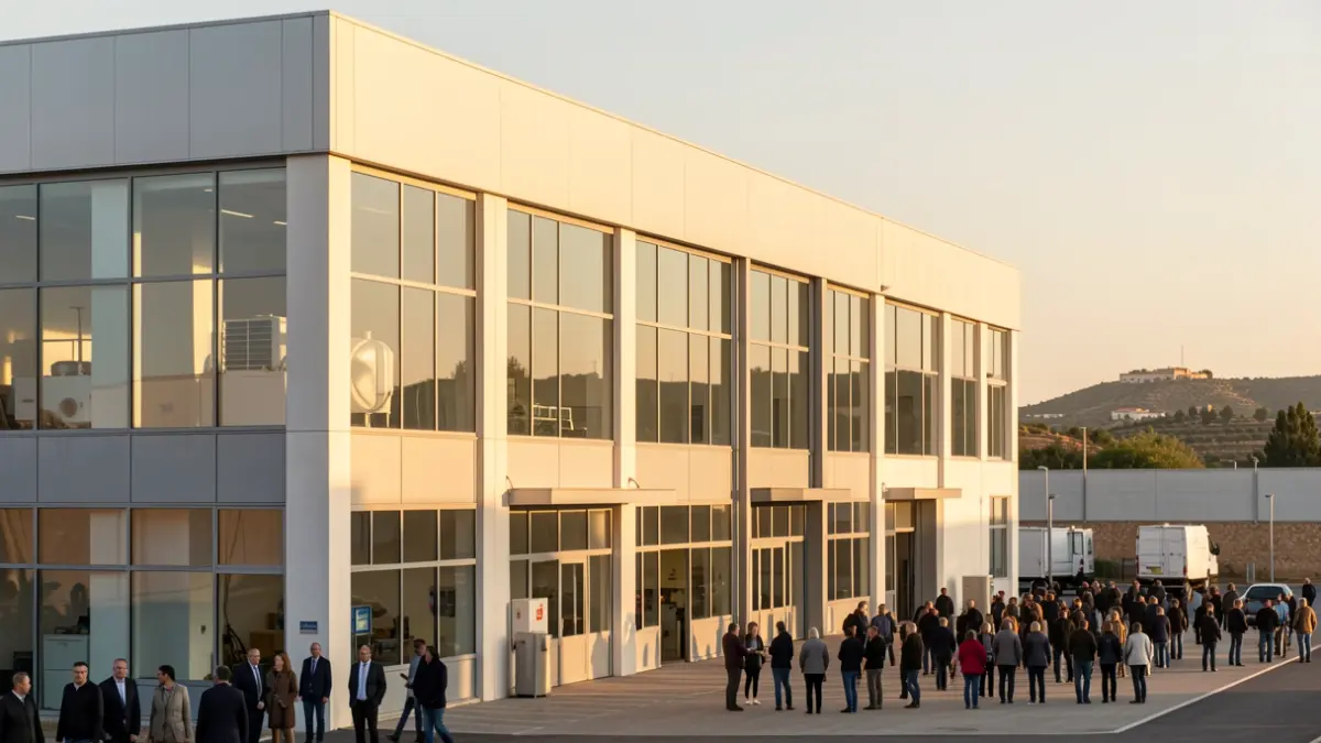 Fachada de un edificio industrial moderno en Andalucía, símbolo de innovación en fabricación.