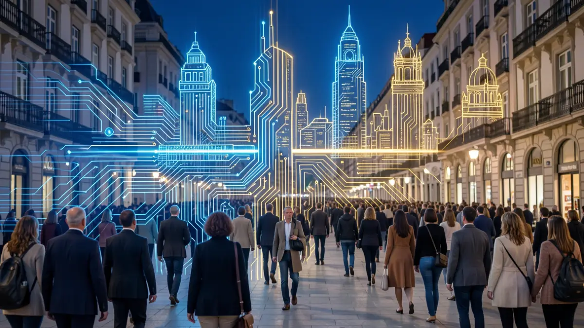 Representación abstracta de innovación tecnológica y transformación digital en Madrid con patrones de circuitos y silueta urbana.