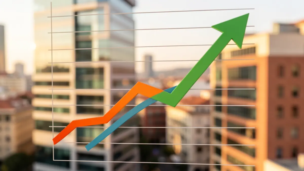Gráfico de crecimiento empresarial con fondo de edificios de oficinas.